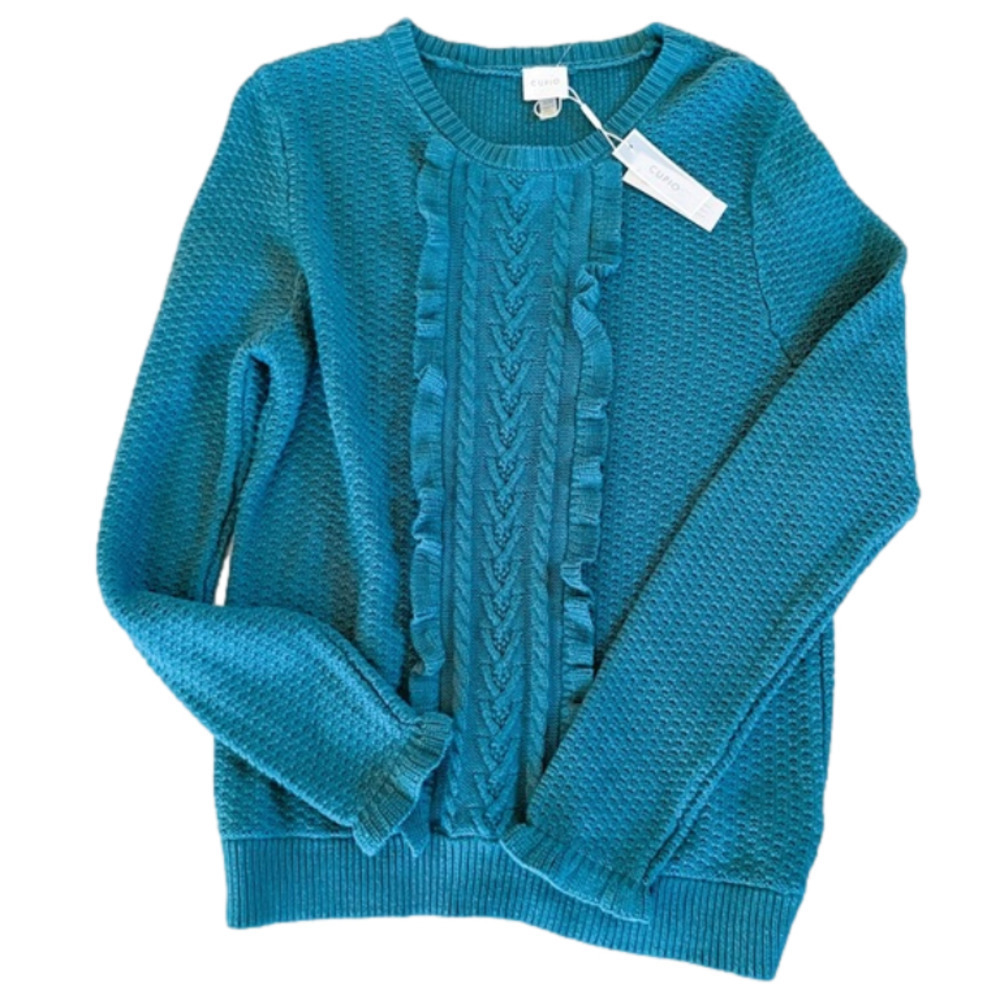 🆕 NWT Cupio Hunter Green.‎ Ruffle Embellished Knit Sweater, Medium M